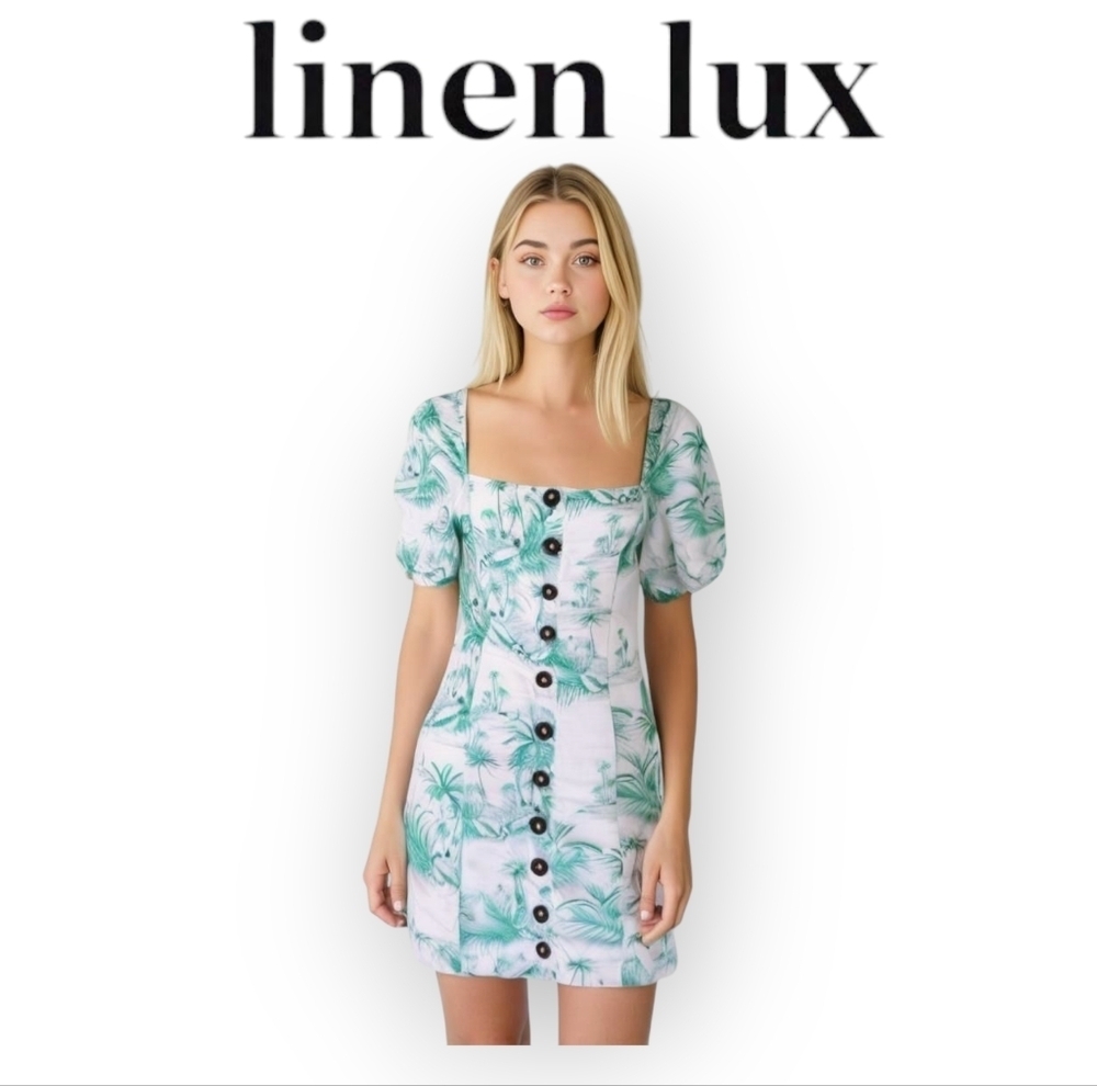 Linen Lux Teal White Palm Tree Print Puff-Sleeve Tropical Mini Dress XS Summer
